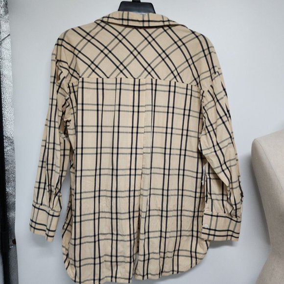 Zara Plaid Size Medium Tie Back Shirt Top Blouse Button Front Tan Gray womens - Picture 4 of 12